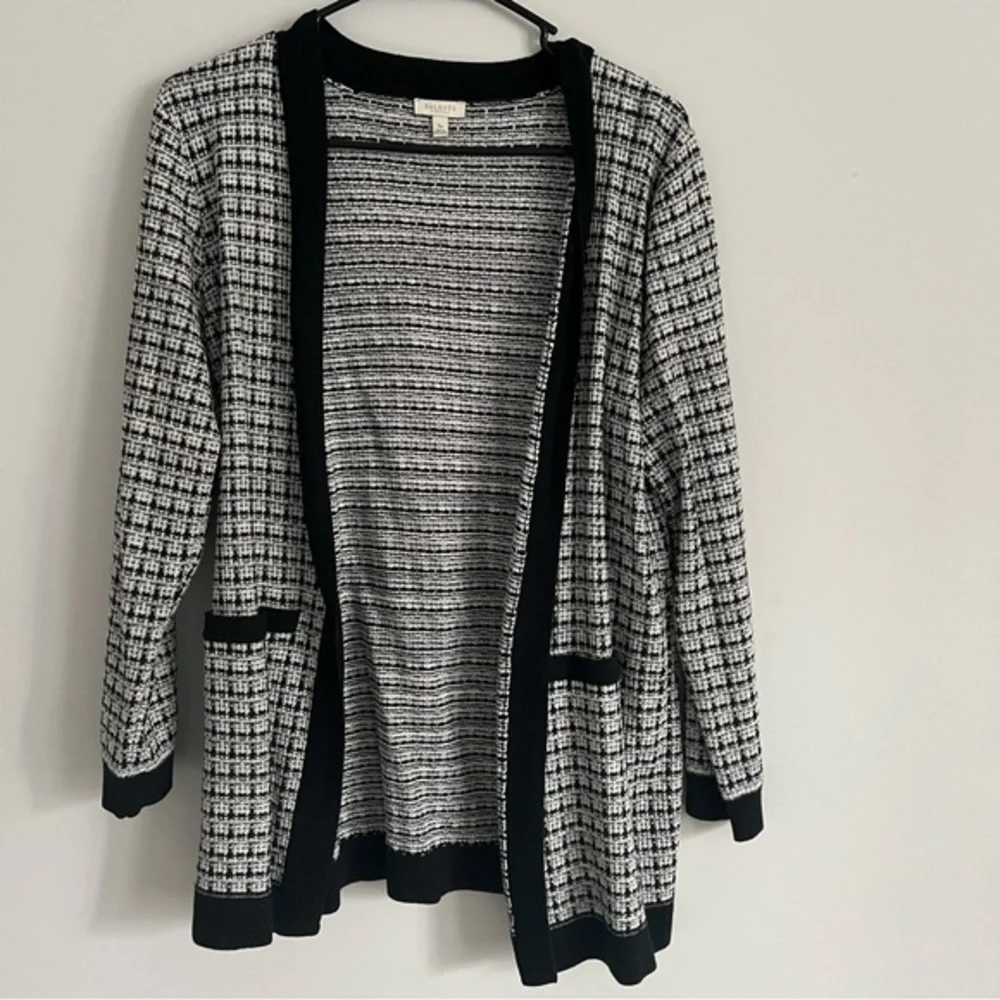Talbots Black and White Tweed Print Knit Open Front Cardigan